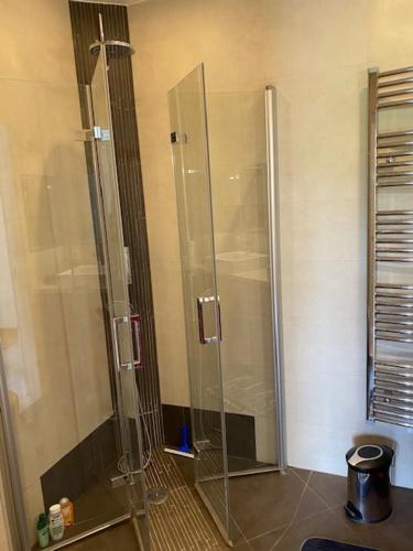 une douche avec une porte vitrée dans une salle de bain dans l'établissement NICE BAIE DES ANGES, à Nice