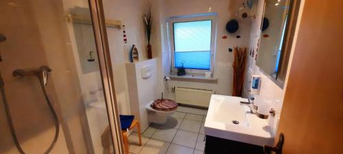 a bathroom with a toilet and a sink and a shower at FW-Seestern-3-Personen in Klein Zicker