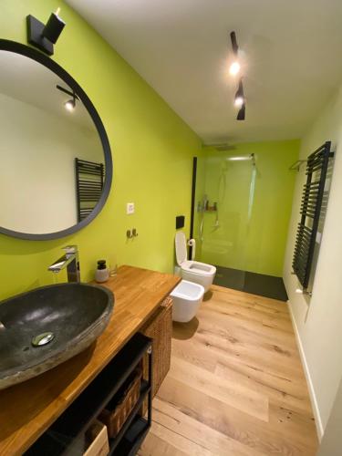 bagno con lavandino, specchio e servizi igienici di Casa Cristina a Roveredo Capriasca