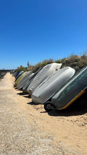 a row of kayaks lined up on a beach at Villa Paulownia - à 1,2km des plages - tout confort au coeur du bourg in Jard-sur-Mer