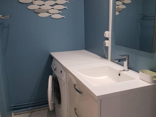 une salle de bain avec un lavabo et un miroir dans l'établissement Appartement T2bis proche centre, 4-6 pers, parking - FR-1-234-297, à Cauterets