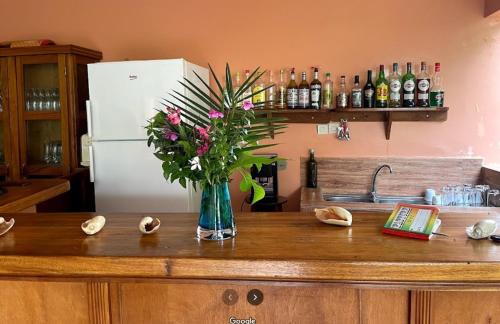 un vase de fleurs assis sur un comptoir de cuisine dans l'établissement Chez Kangou Lodge, à Fimela