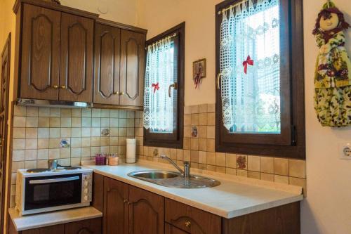 a kitchen with a sink and a microwave at Pelion Maisonette in Tsagarada