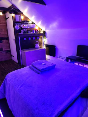 a purple room with a bed with a purple blanket at The Stable Annexe & Spa in Dogdyke