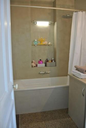 La salle de bains est pourvue d'une baignoire blanche avec rideau de douche. dans l'établissement Le Loft 1936 : centre-ville + parking privé, au Havre