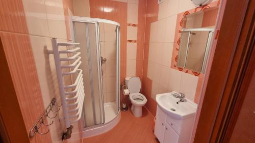 a bathroom with a shower and a toilet and a sink at Willa u Skrajnioka in Czerwienne