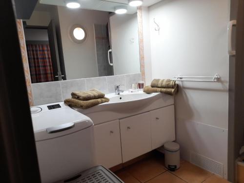 une salle de bain blanche avec un lavabo et un miroir dans l'établissement MANOU, à Sainte-Anne