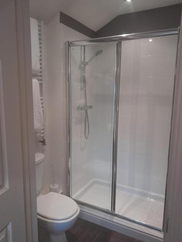 uma casa de banho com um chuveiro e um WC. em The Lodge em King's Lynn