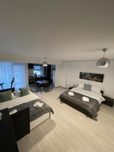 a bedroom with two beds and a living room at Welcome to Bucharest Airport Residences & Therme-SELF CHECK-IN in Otopeni