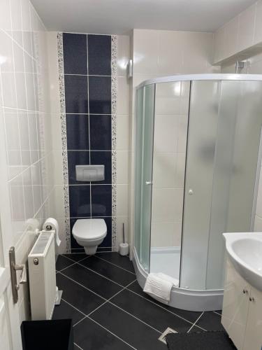 a bathroom with a shower and a toilet and a sink at Welcome to Bucharest Airport Residences & Therme-SELF CHECK-IN in Otopeni