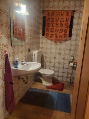 ein Badezimmer mit einem weißen Waschbecken und einem WC in der Unterkunft Ruhiges Keller Apartement NM in Neumarkt in der Oberpfalz