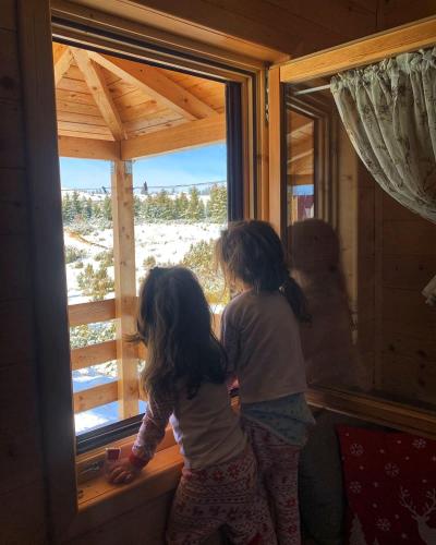 two little girls looking out of a window at Green Top with jacuzzi in Žabljak