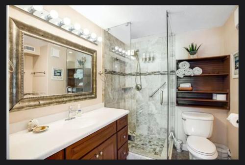 a bathroom with a toilet and a sink and a shower at Florida Keys Wellness Gem in Marathon