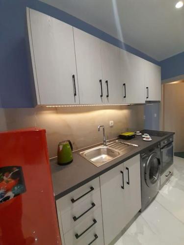 a kitchen with a sink and a washing machine at Salavantinas House in Tavronitis