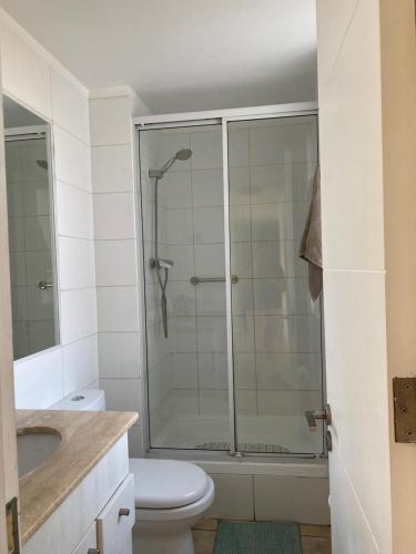 een badkamer met een douche, een toilet en een wastafel bij Condominio Costa Peñuelas in Coquimbo