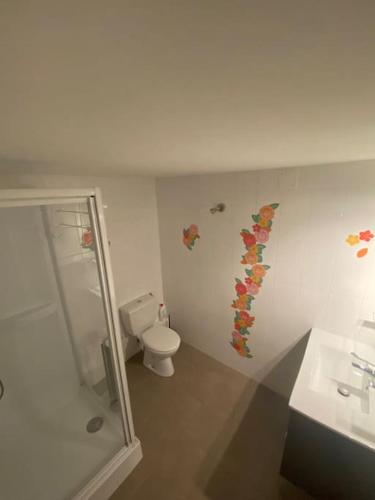 une salle de bain avec toilettes, douche et lavabo dans l'établissement Gite 4 pers Le Tholy avec piscine privée, à Le Tholy