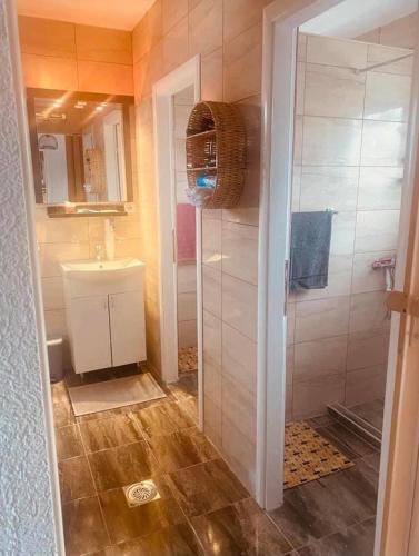a bathroom with a shower and a sink at Vila Vanilla in Donji Striževac