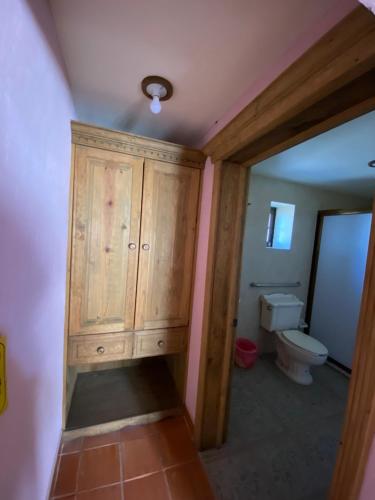 a bathroom with a toilet and a wooden cabinet at Ecoturismo Cabañas La Florida in Cardonal