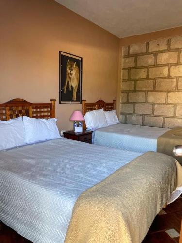 a hotel room with two beds and a lion picture on the wall at Rancho los olivos Habitaciones Campestres in San Miguel de Allende