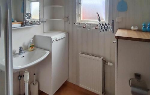 uma pequena casa de banho com um lavatório e um frigorífico branco em Cozy Home In Ramkvilla With Kitchen em Ramkvilla