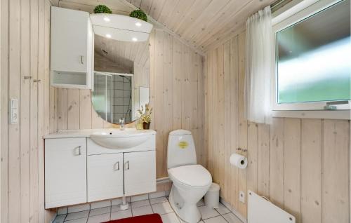 uma casa de banho com um WC, um lavatório e um espelho. em 3 Bedroom Beautiful Home In Lgstr em Løgsted