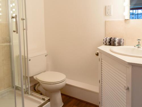 a white bathroom with a toilet and a sink at The Bothy in Walkerburn