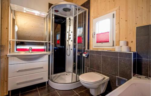 a bathroom with a shower and a toilet and a sink at Stunning Home In St,georgen Am Kreischb, With 2 Bedrooms And Sauna in Sankt Lorenzen ob Murau