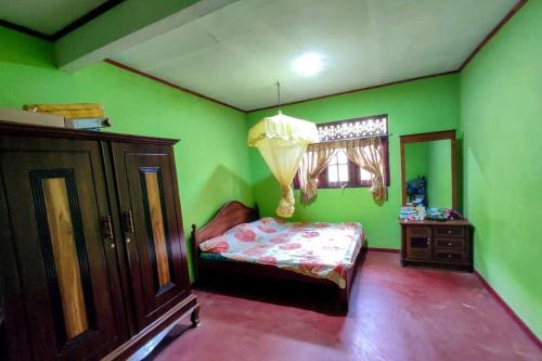 ein Schlafzimmer mit grünen Wänden, einem Bett und einem Fenster in der Unterkunft Pleasant Villa in Weligama in Weligama