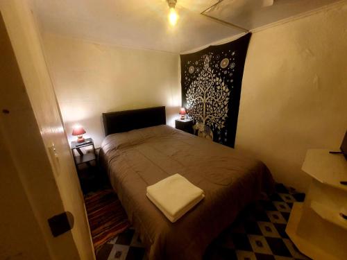 niewielka sypialnia z łóżkiem i 2 lampami w obiekcie Cabañas Holtheuer w mieście Valdivia