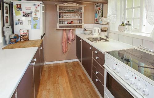 a kitchen with a sink and a refrigerator at 1 Bedroom Amazing Home In Sams in Brundby