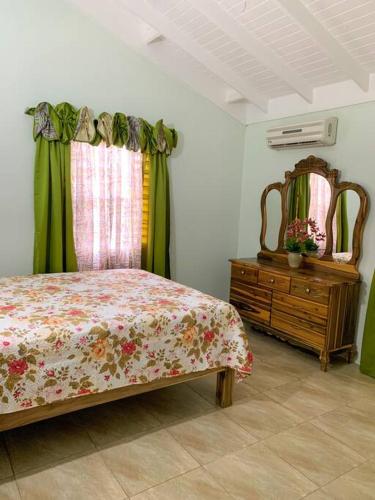 Schlafzimmer mit einem Bett, einer Kommode und einem Spiegel in der Unterkunft Cozy Villa in Mammee Bay