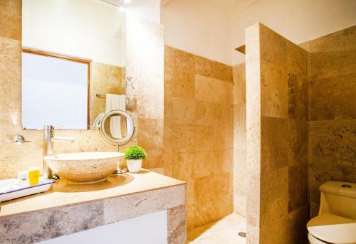 巴亞爾塔港的住宿－Hotel Suites Mar Elena，一间带水槽、卫生间和镜子的浴室