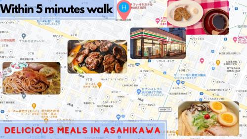 a collage of pictures of food on a map at TKD HOUSE Asahikawa in Asahikawa