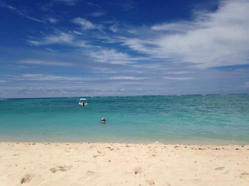 a beach with a boat in the water at BlueMoon Studio on the Beach! in Trou dʼ Eau Douce