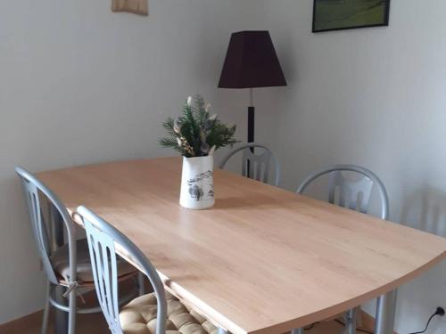 d'une table en bois avec un vase recouvert d'une plante. dans l'établissement Appartement T2bis cosy avec balcon, parking privatif et casier à ski en centre-ville - 4/6 pers. - FR-1-234-296, à Cauterets