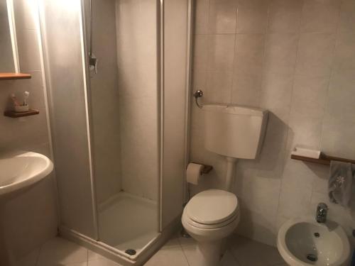 a bathroom with a shower and a toilet and a sink at Ruscello apartment in Abetone