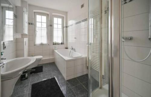 La salle de bains est pourvue d'une baignoire, d'un lavabo et d'une douche. dans l'établissement Weiße Villa 1, à Duderstadt