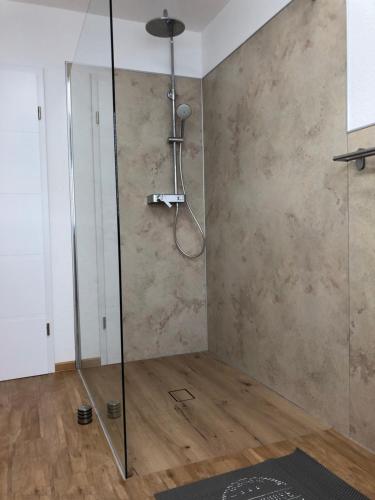 W łazience znajduje się prysznic ze szklanymi drzwiami. w obiekcie Ferienhaus Eisenach w mieście Eisenach