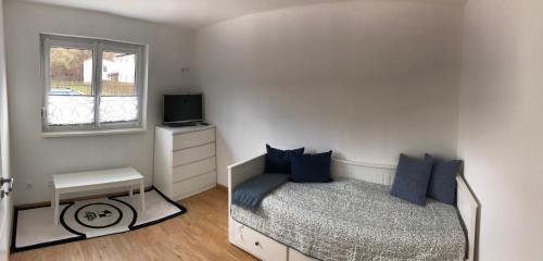 ein Schlafzimmer mit einem Bett mit blauen Kissen und einem Fenster in der Unterkunft Ferienhaus Eisenach in Eisenach