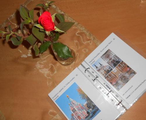 a rose in a vase on a table with pictures at Apartmán 4U Olomouc in Olomouc