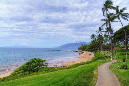 a beach with palm trees and a path next to the ocean at Aloha Moon - A Chic and Dreamy Modern Tropical Hideaway! in Wailea