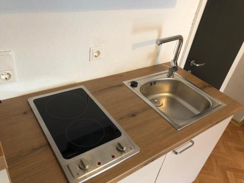 uma cozinha com um lavatório e um balcão com um lavatório em Appartement Kuhglocken Ferienhaus Fuenf Sinne em Döbriach