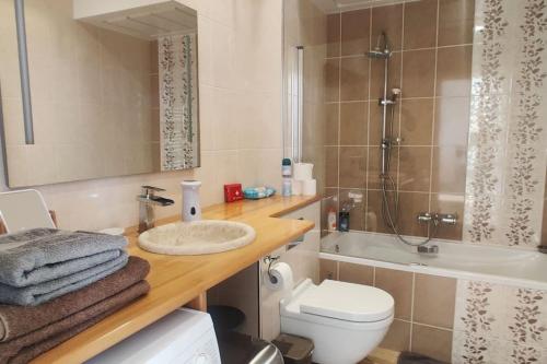 a bathroom with a sink and a toilet and a tub at Top floor nest, balcony close to sea and old-town in Nice