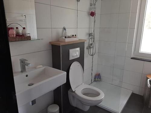 een badkamer met een wit toilet en een wastafel bij Vrijstaande recreatievilla met ruime omheinde tuin in Posterholt
