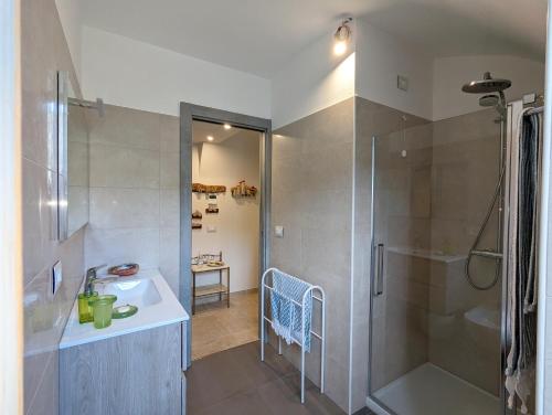 ein Bad mit einem Waschbecken und einer Dusche in der Unterkunft Le Due Macine in Ventimiglia