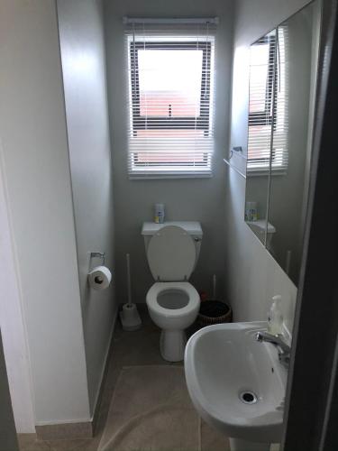 a bathroom with a toilet and a sink and a window at Apartment Ozone in Herolds Bay