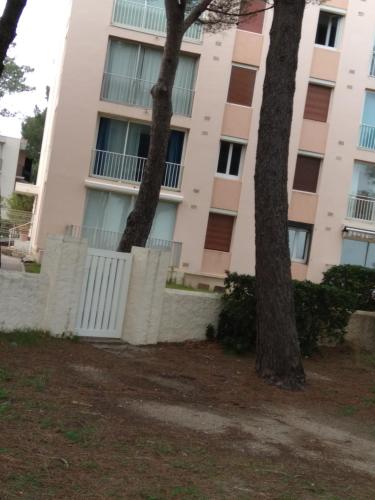 濱海阿熱萊斯的住宿－Argeles plage，一座有白色围栏和两棵树的建筑