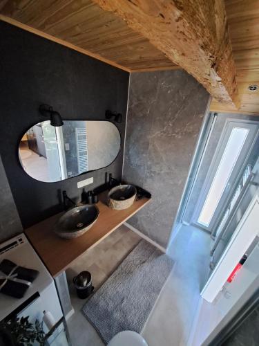 a bathroom with a sink and a mirror at Tiny House Flensburg Luv in Hornholz