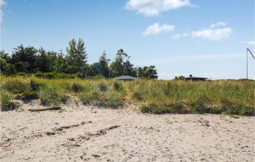 a sandy beach with grass and a house in the background at 2 Bedroom Cozy Home In Samsø in Nordby