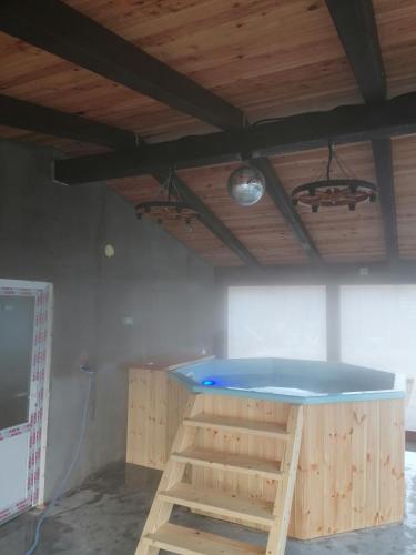 a swimming pool in a room with a blue tub at Pensiunea Armonia Albac in Albac